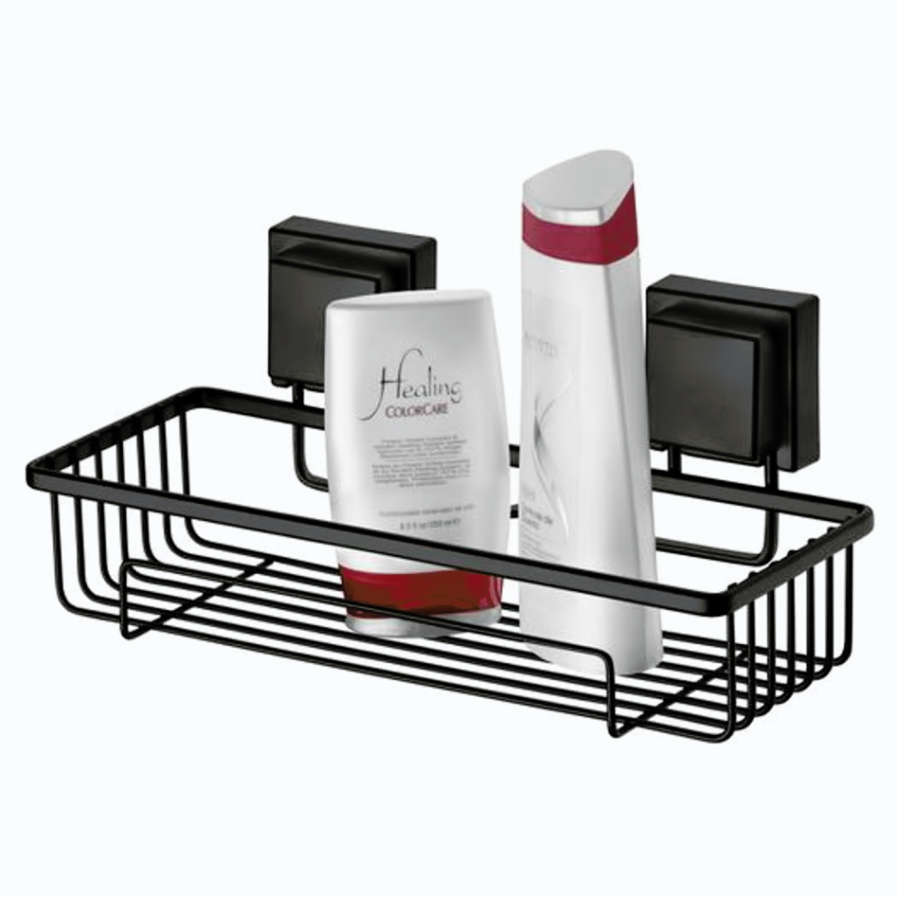 Suporte Moderno Para Shampoo Com Ventosa 28 cm Preto Fosco de Alta Resistencia