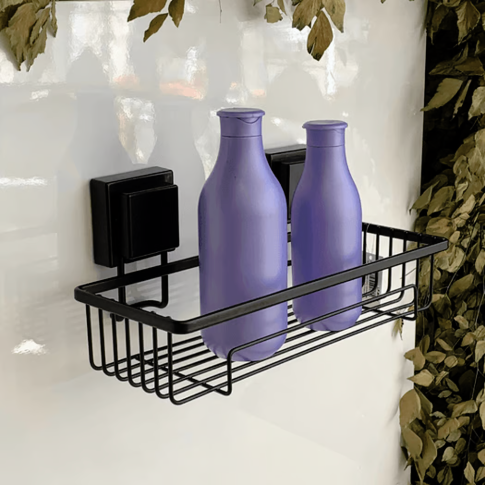 Suporte Moderno Para Shampoo Com Ventosa 28 cm Preto Fosco de Alta Resistencia